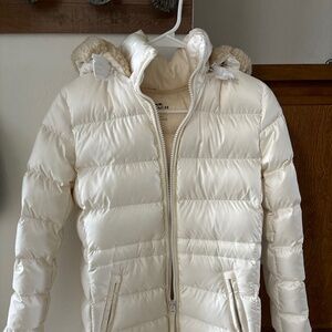 Coach long down jacket with lined hood, cream, XS